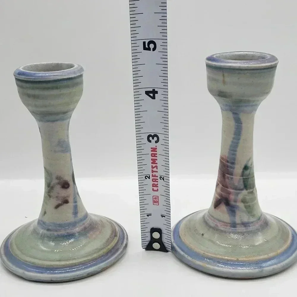Set of Two Pottery Candle Holder ,Signed Earthy Colors Light Blue Green - Picture 5 of 7